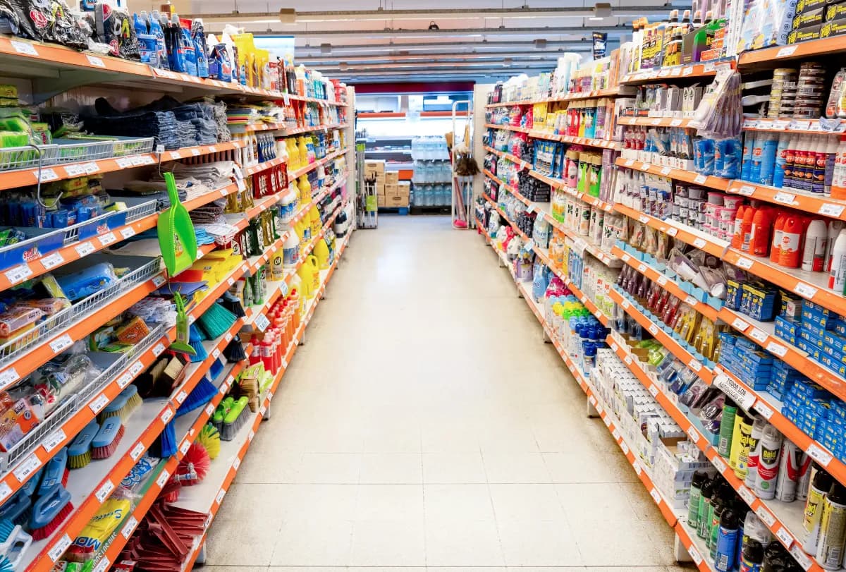 Shelves of cleaning stock: sprays, brushes, sponges and aerosols lining both sides of an aisle.