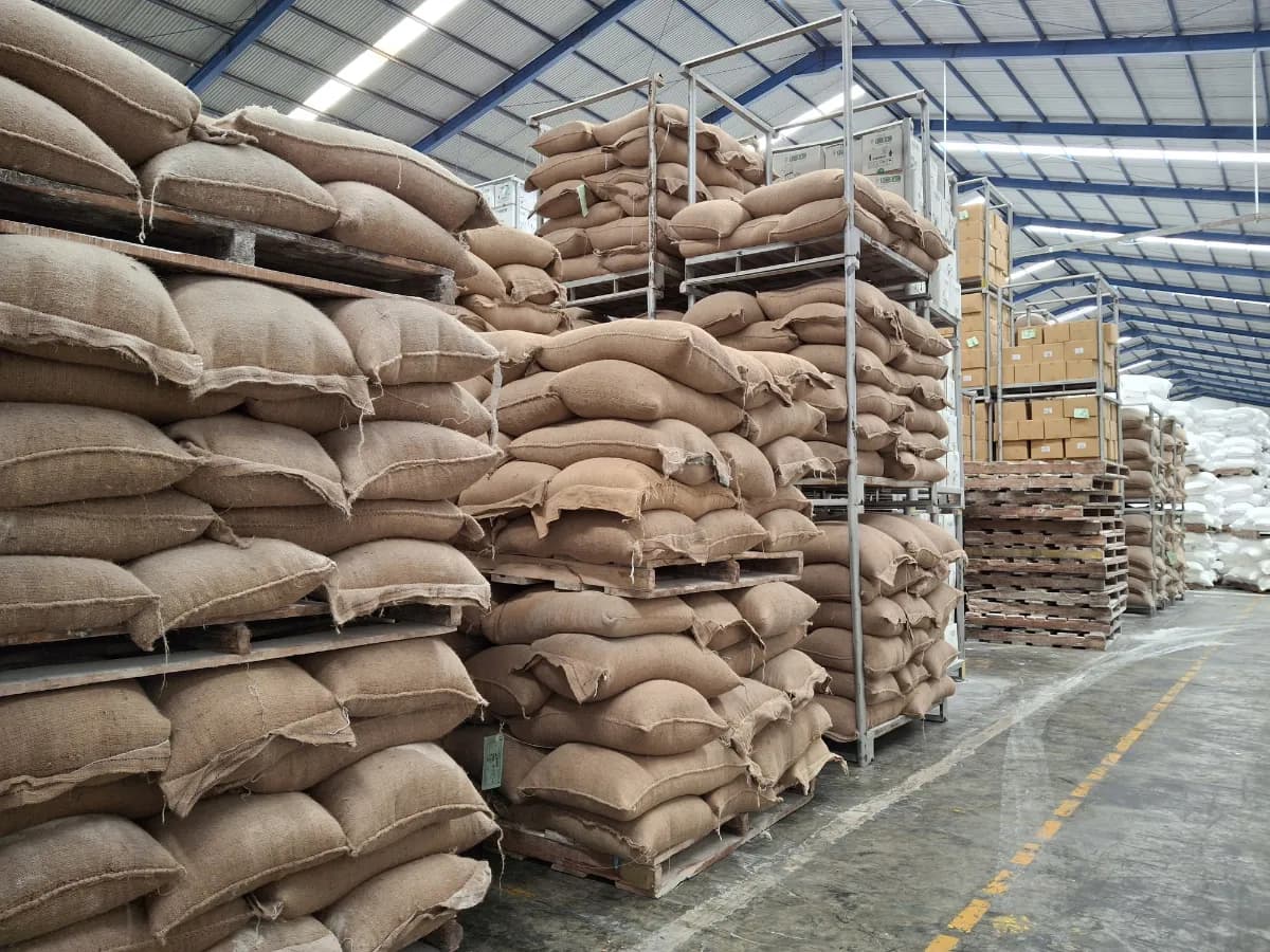 Hessian sacks of bulk dry ingredients stacked on pallets and racking in a warehouse.