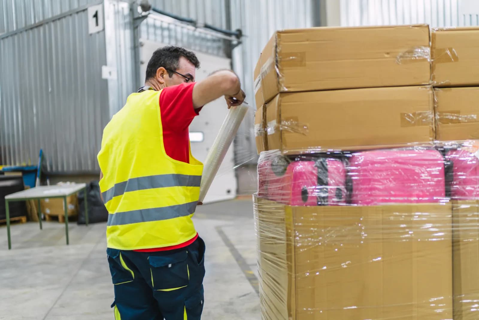 Warehouse operator in hi-vis stretch-wrapping cases of stock stacked on a pallet at a loading bay.