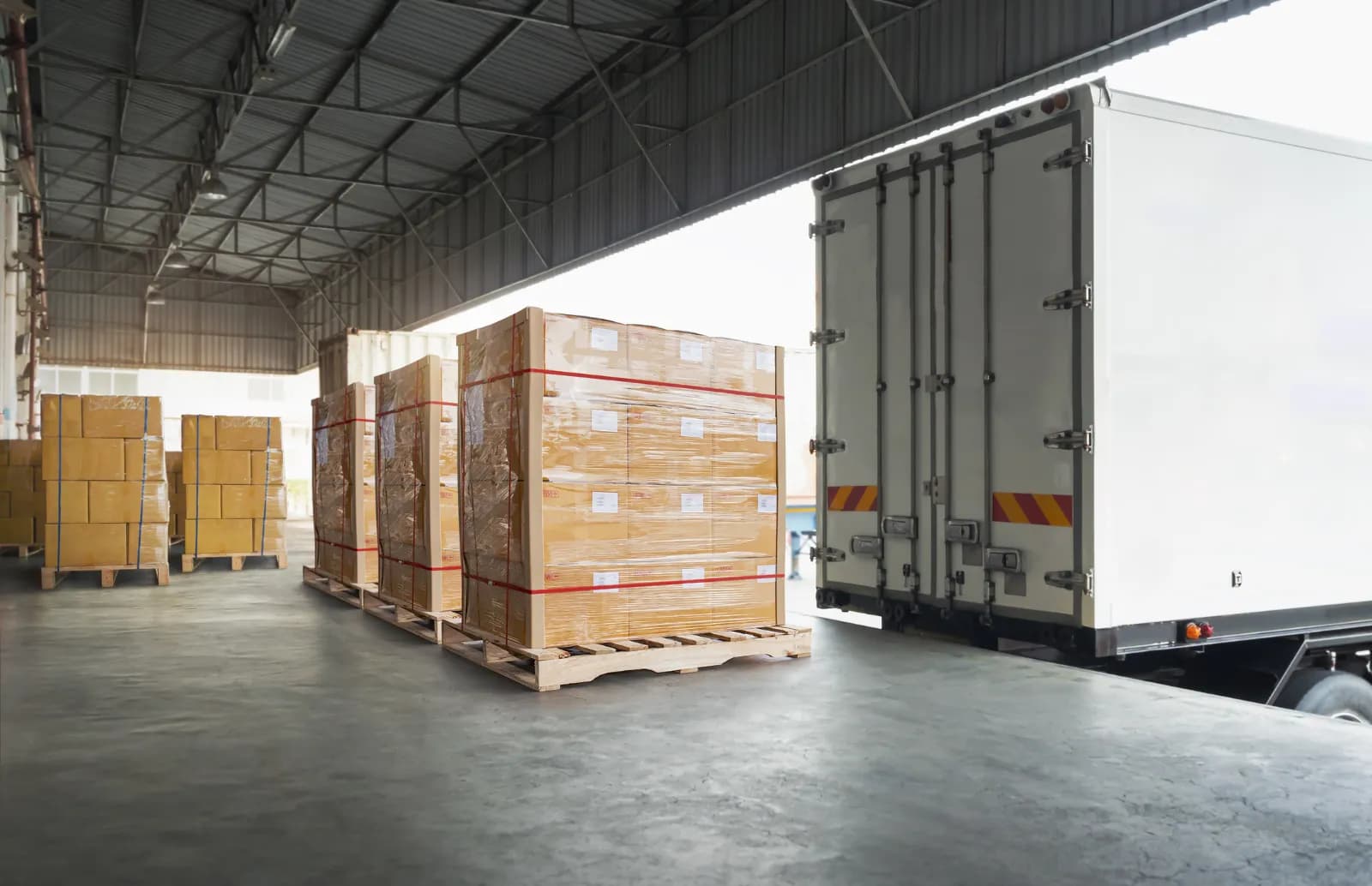 Shrink-wrapped pallets of boxed stock staged at a loading bay beside a lorry with its doors open.