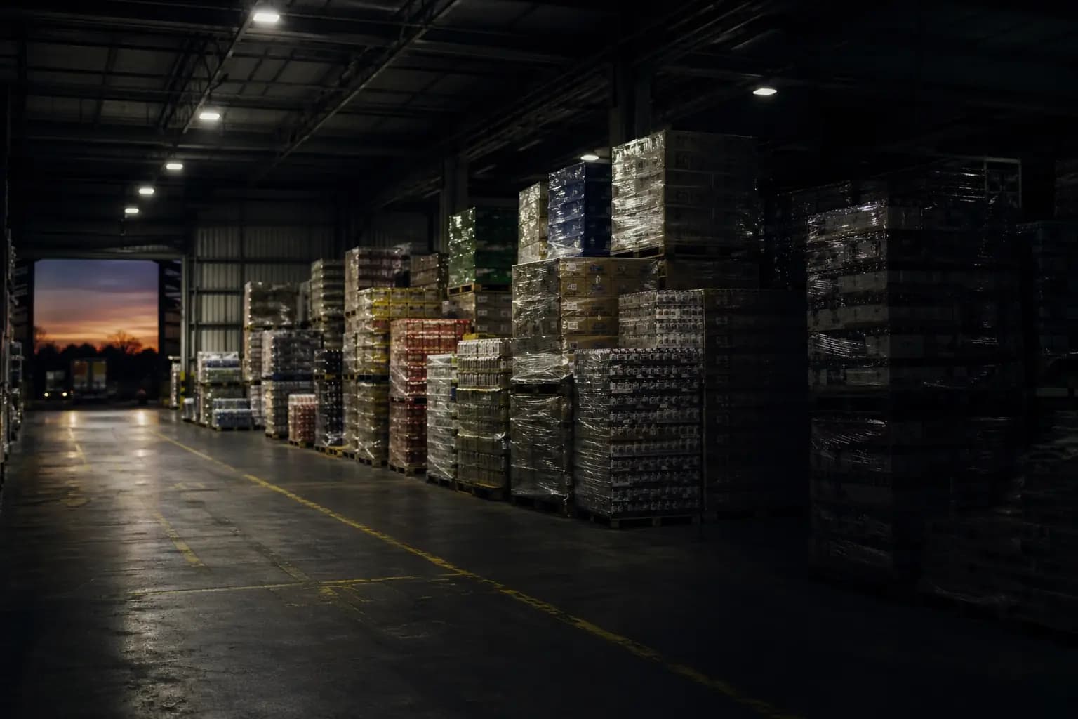 Shrink-wrapped pallets of canned and bottled drinks stacked along a warehouse aisle, loading-bay door open to a sunset.