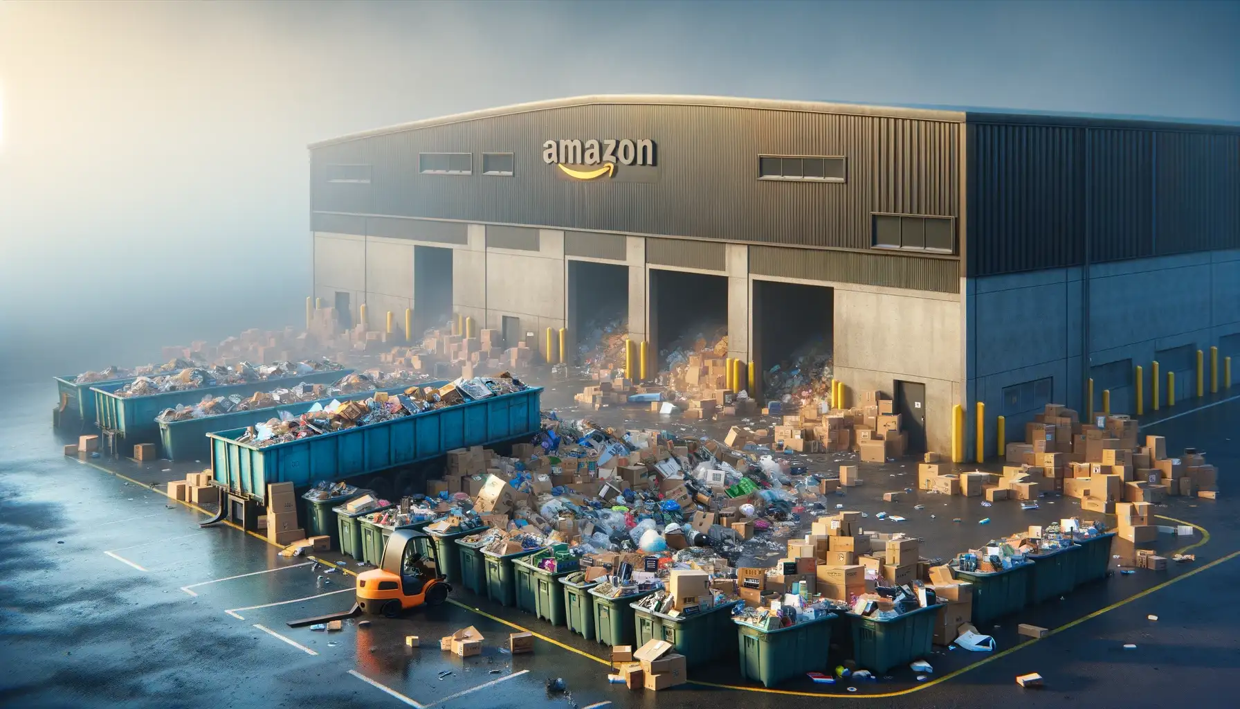 Image of Amazon dumping surplus stock into refuse centres.