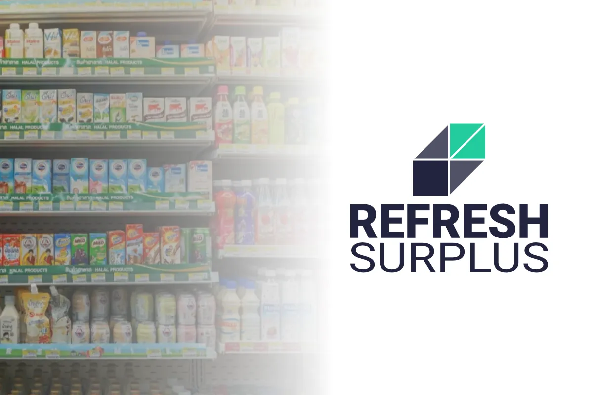Image of FMCG products on a shelf with the Refresh Surplus logo to the side.