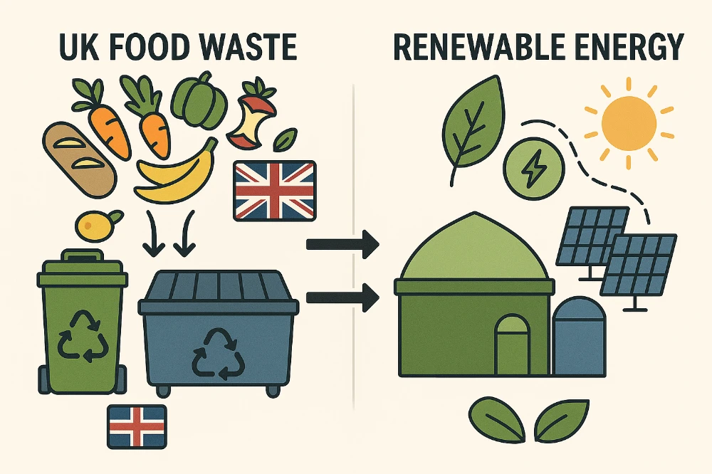 Cover image for our report on food waste showing food waste being turned into energy.