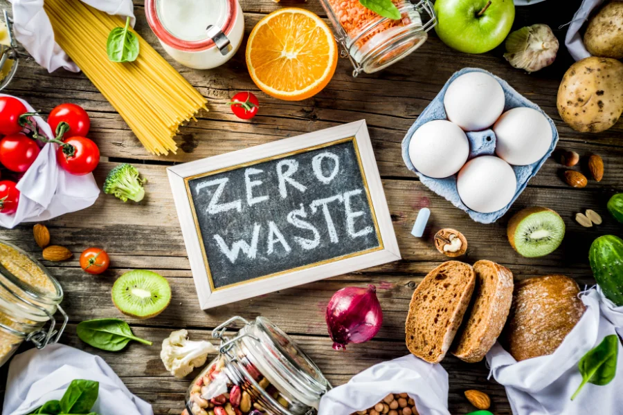 Image of fruit, vegetables, eggs and more on a table with a chalkboard stating "Food Waste".